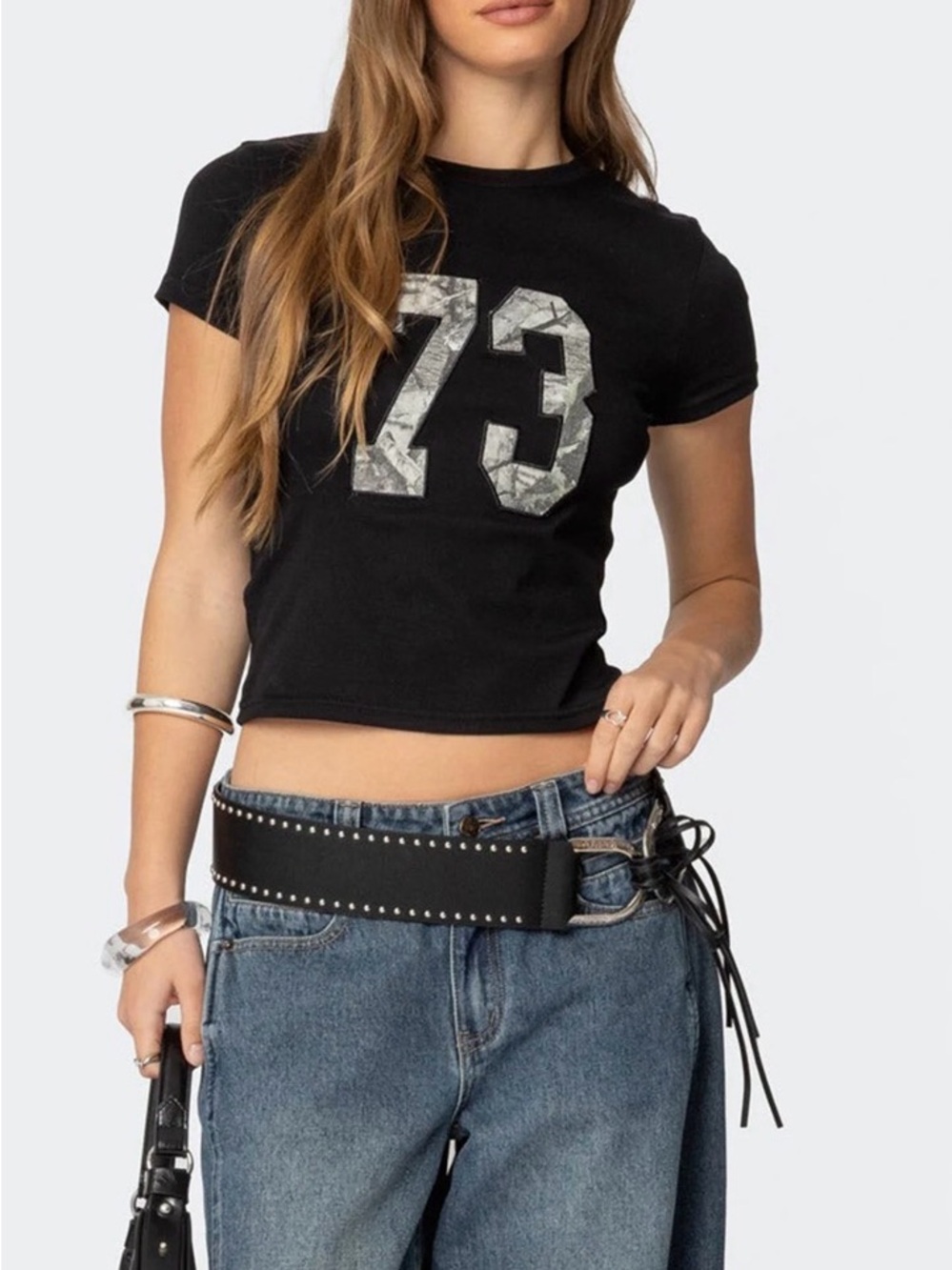 Edikted Black Camo 73 Shrunken Graphic Baby Tee Crop Top - Size smaller